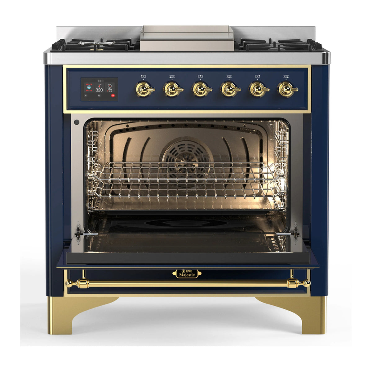 ILVE blue-grey dual fuel range with open oven, wire rack and brass door trim