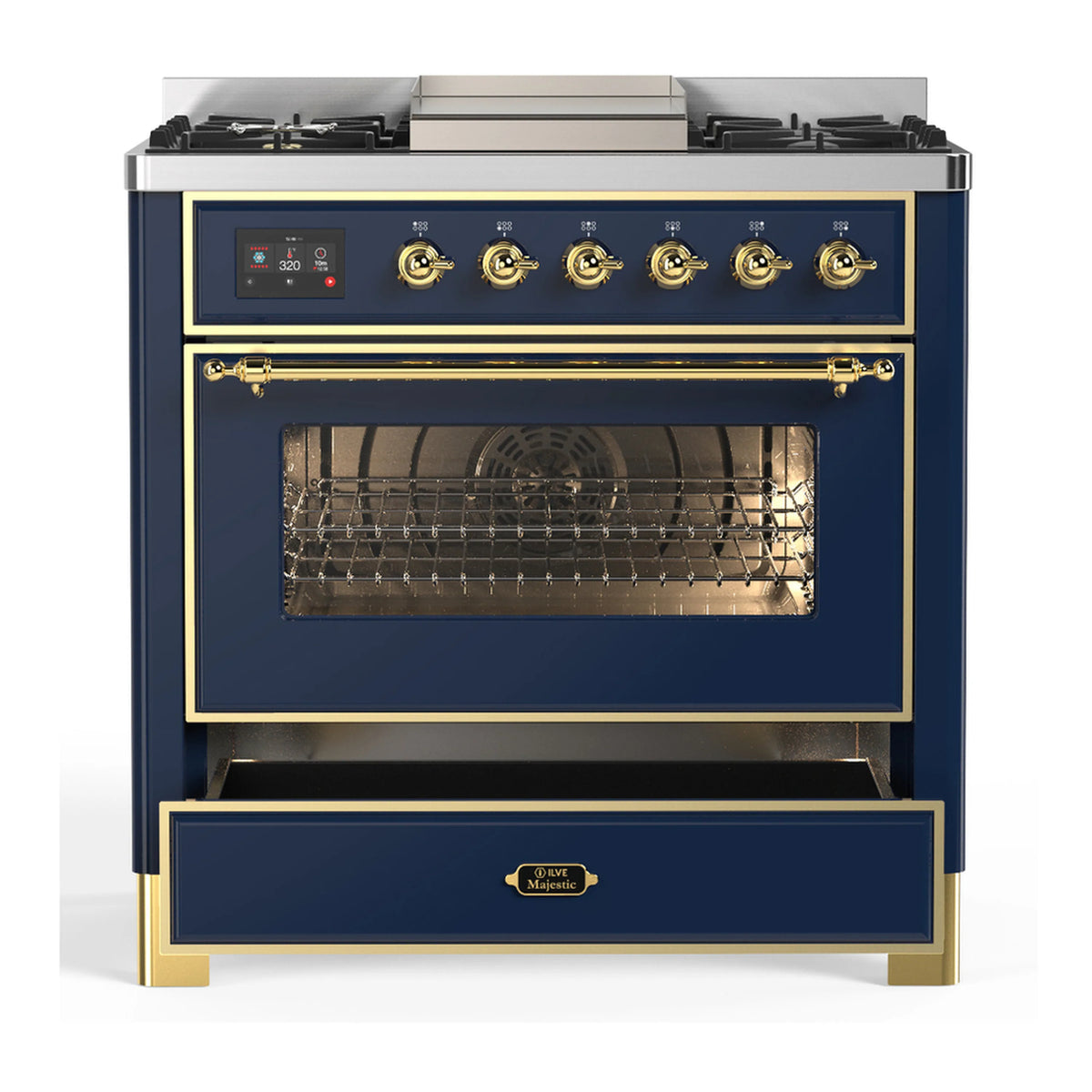 ILVE blue-grey dual fuel range with closed oven door, brass handle and control panel