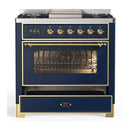 ILVE Majestic III 36-inch Dual Fuel Range with 6 Natural Gas Burner, Griddle and Triple Glass Door Electric Oven in Blue Grey with Brass Trim (UM36FNR3MBG)