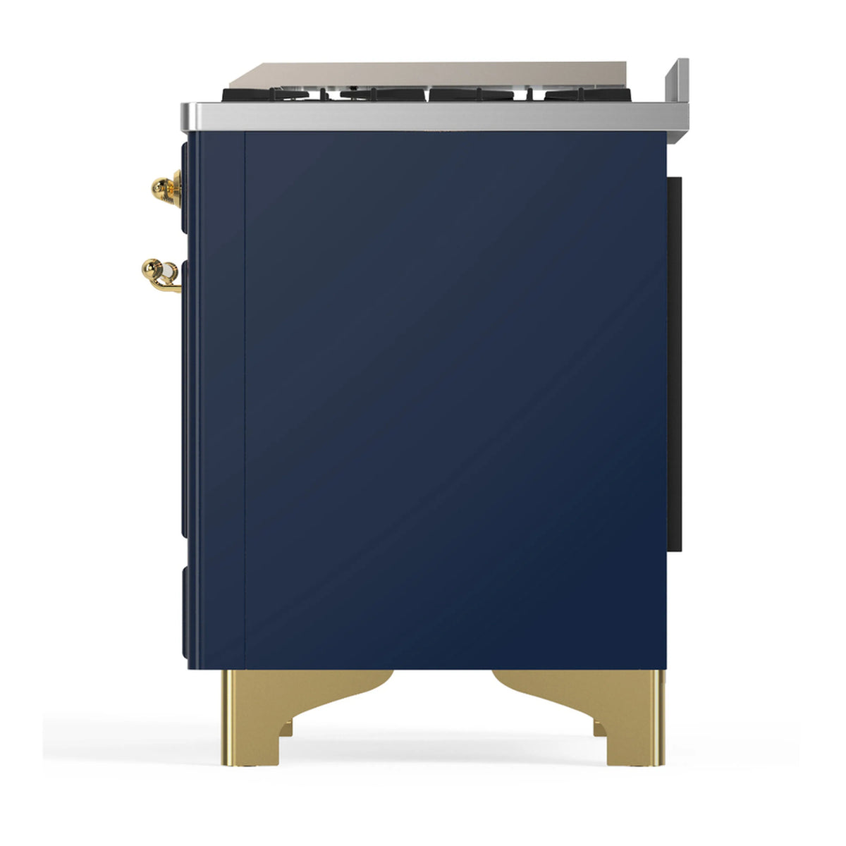 ILVE blue-grey dual fuel range side panel with brass feet
