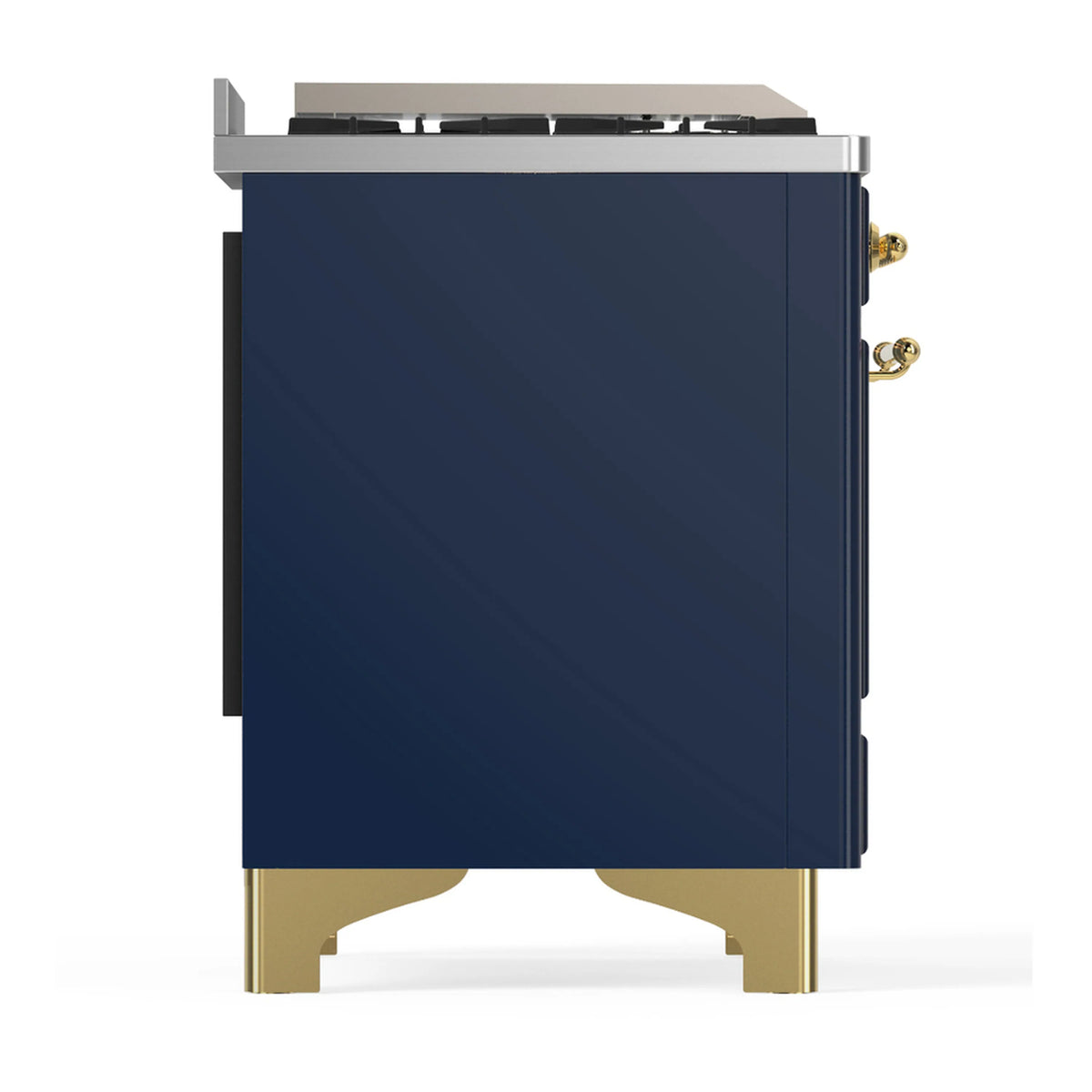 ILVE blue-grey dual fuel range rear-side panel with brass accents and feet