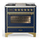ILVE Majestic III 36-inch Dual Fuel Range with 6 Natural Gas Burner, Griddle and Triple Glass Door Electric Oven in Blue Grey with Brass Trim (UM36FNR3MBG)