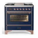 ILVE Majestic III 36-inch Dual Fuel Range with 6 Natural Gas Burner, Griddle and Triple Glass Door Electric Oven in Midnight Blue with Copper Trim (UM36FNR3MBP)