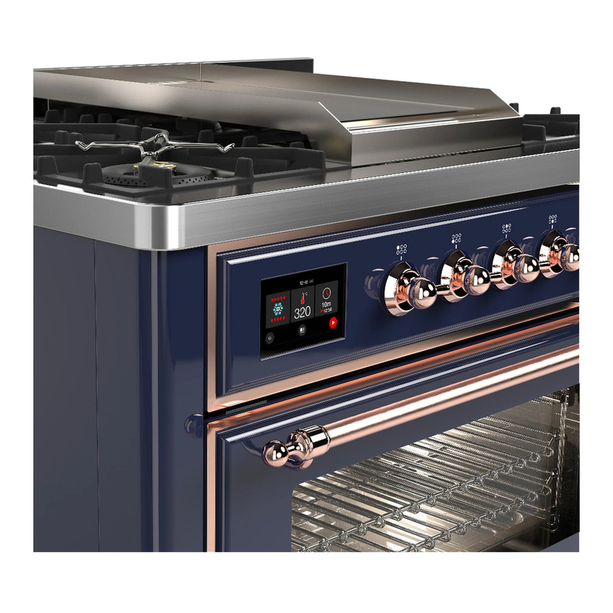 Midnight blue dual fuel range showing control panel, burners, and stainless griddle