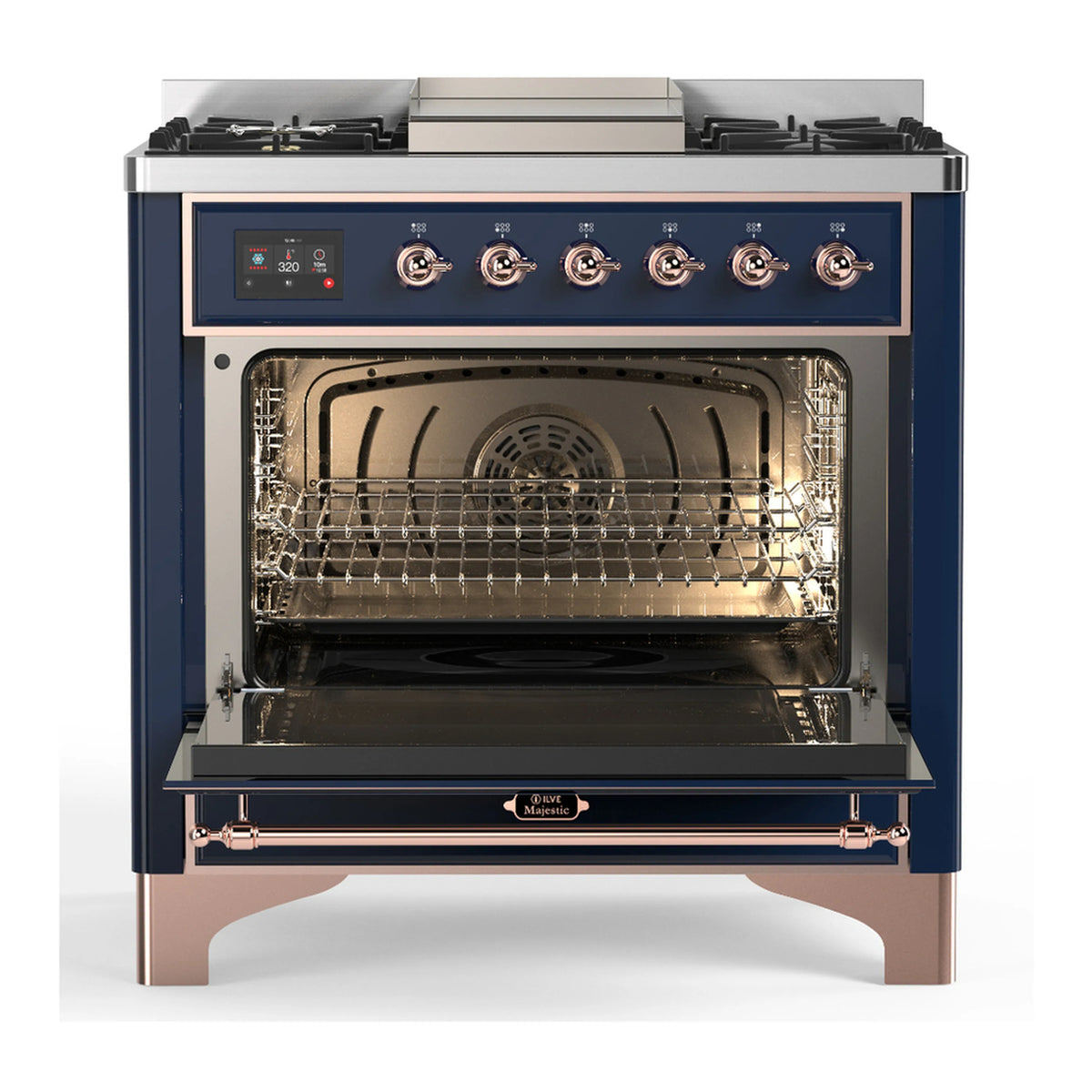 Midnight blue oven door open, showing interior light and chrome oven racks