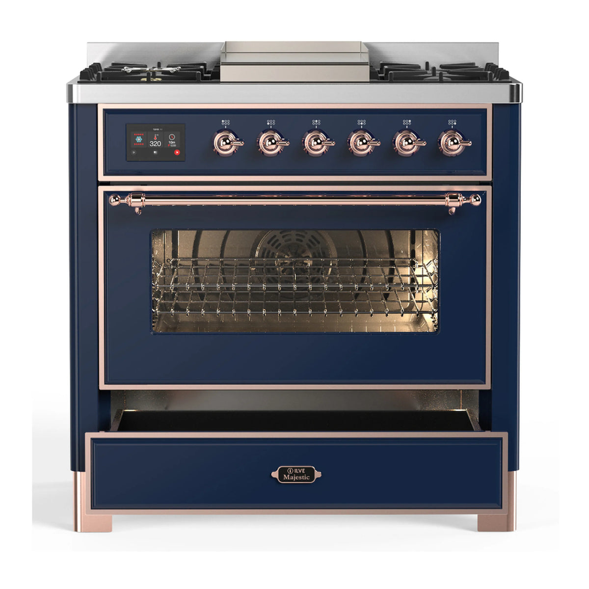 Midnight blue range with copper-trimmed controls and open oven door with racks