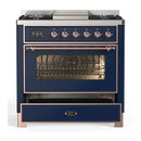 ILVE Majestic III 36-inch Dual Fuel Range with 5 Liquid Propane Burner, Griddle and Triple Glass Door Electric Oven in Midnight Blue with Copper Trim (UM36FNR3MBPLP)