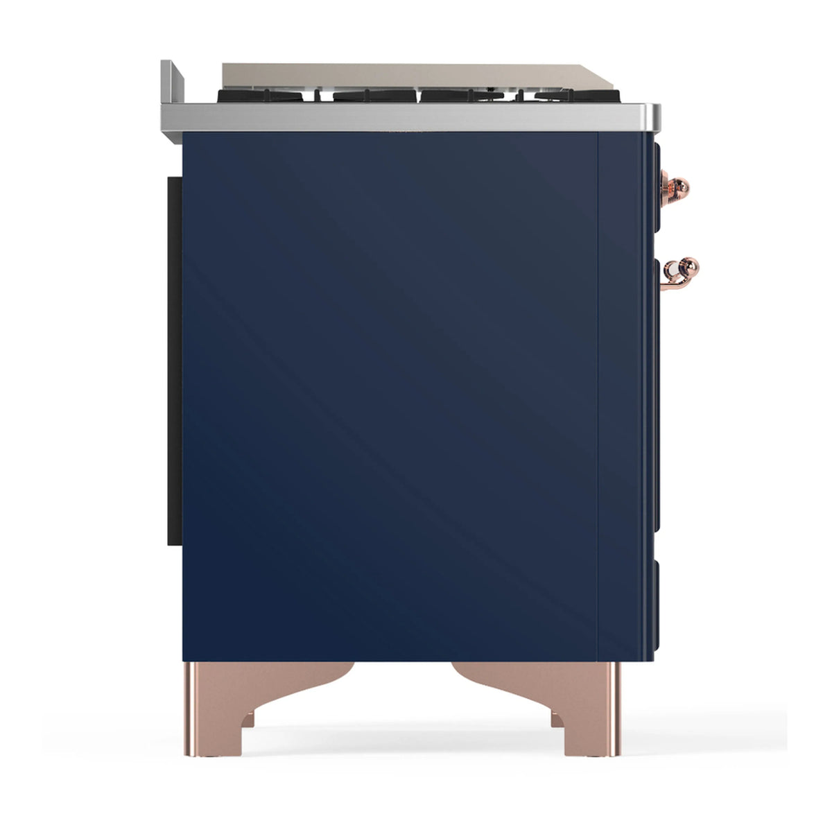 Midnight blue range with copper trim and brushed metal side panels