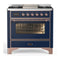 ILVE Majestic III 36-inch Dual Fuel Range with 6 Natural Gas Burner, Griddle and Triple Glass Door Electric Oven in Midnight Blue with Copper Trim (UM36FNR3MBP)