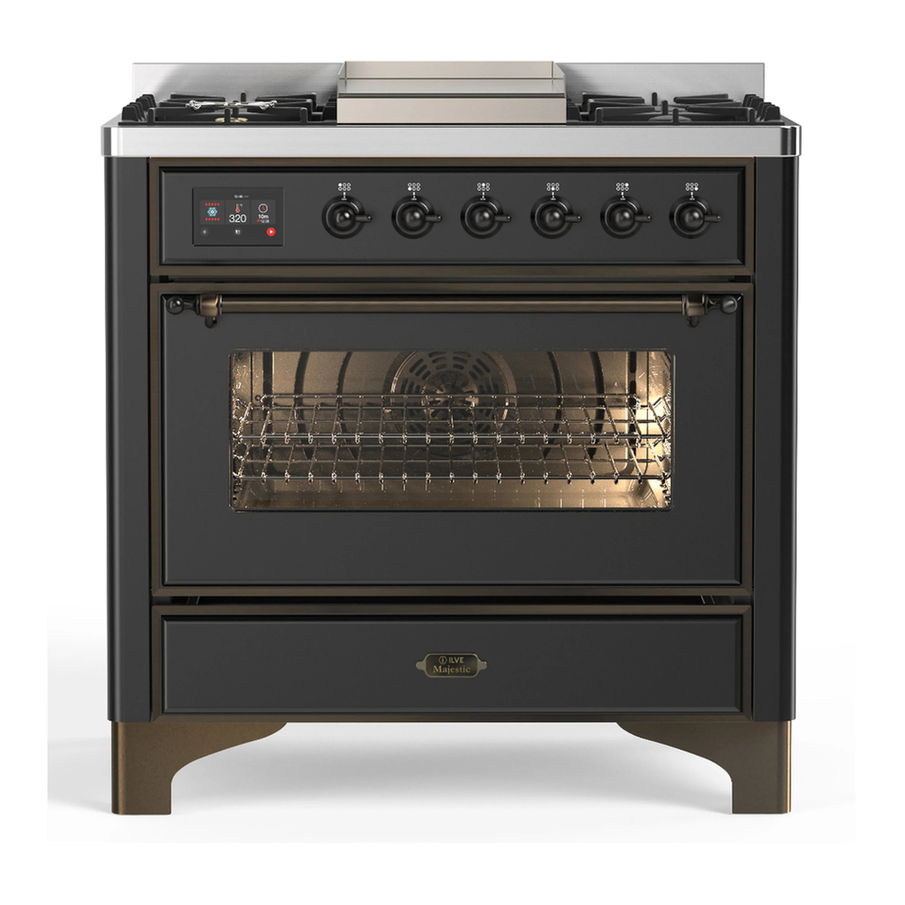 Graphite matte dual fuel range front with glass oven door, burner knobs, and controls.