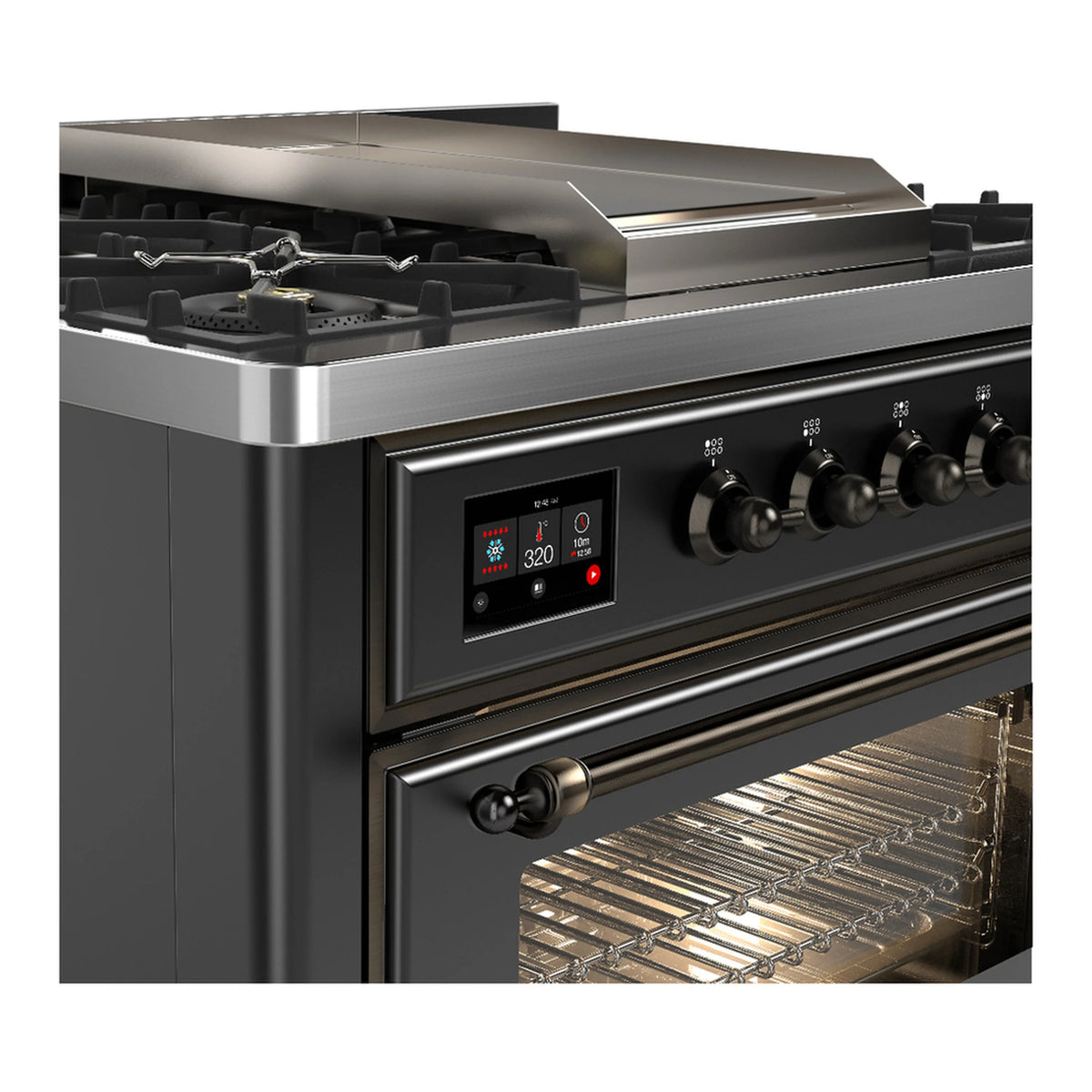 Dual fuel range cooktop with burners, stainless control display and rotary knobs.