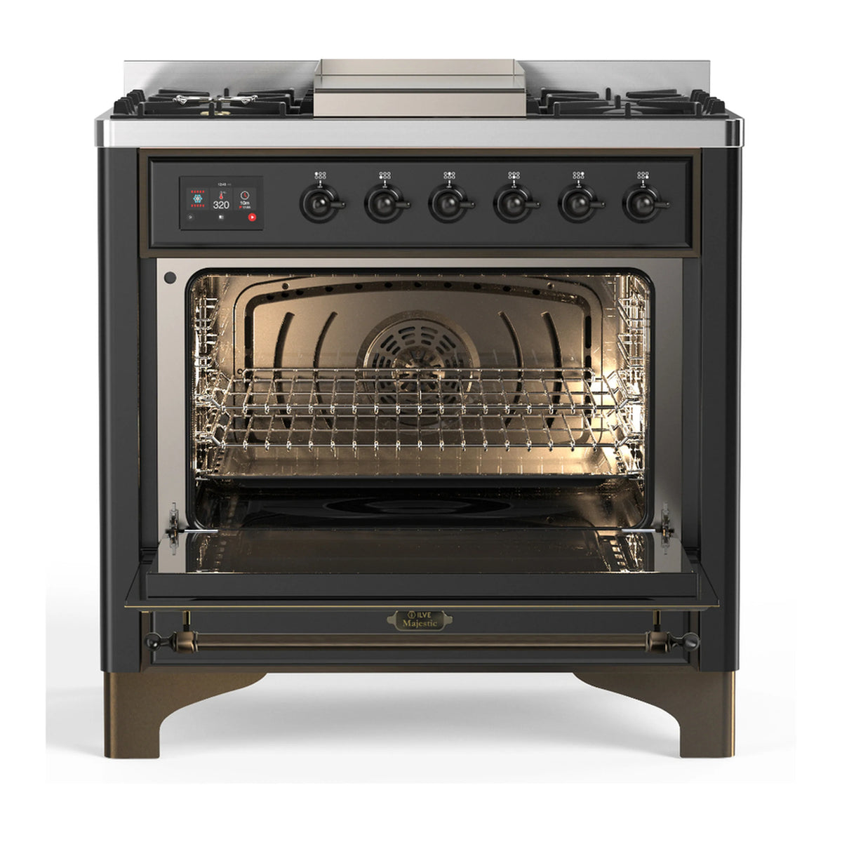 Graphite matte dual fuel range oven interior with light, rack, and broiler elements.