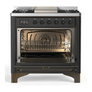 ILVE Majestic III 36-inch Dual Fuel Range with 5 Liquid Propane Burner, Griddle and Triple Glass Door Electric Oven in Graphite Matte with Burnished Trim (UM36FNR3MGBLP)