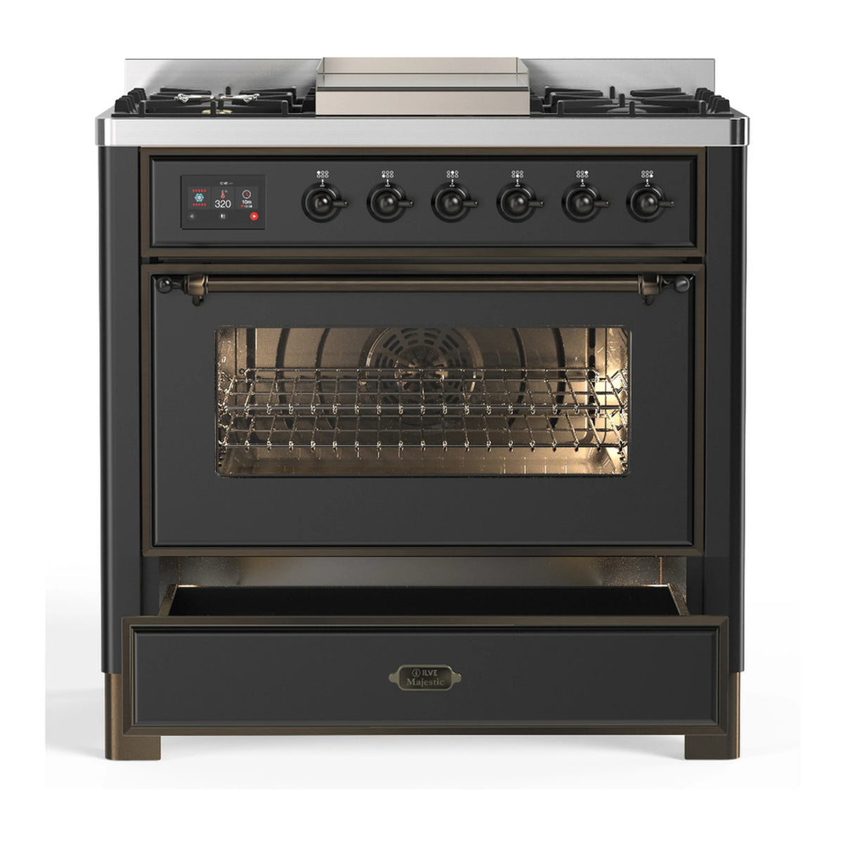 Graphite matte dual fuel range with open oven door and control panel above.