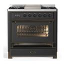 ILVE Majestic III 36-inch Dual Fuel Range with 5 Liquid Propane Burner, Griddle and Triple Glass Door Electric Oven in Graphite Matte with Burnished Trim (UM36FNR3MGBLP)