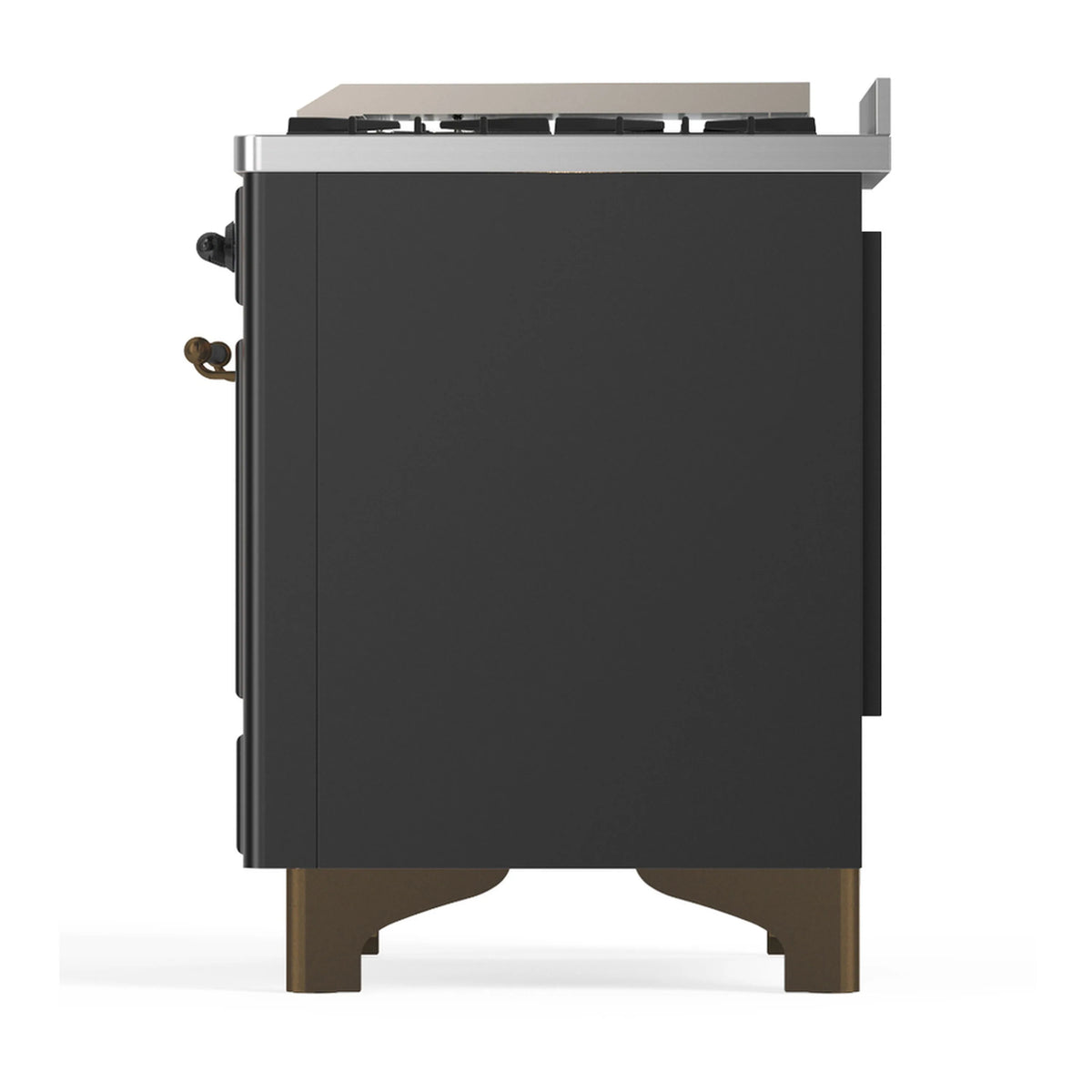 Graphite matte dual fuel range with backsplash, smooth control panel, and side knobs