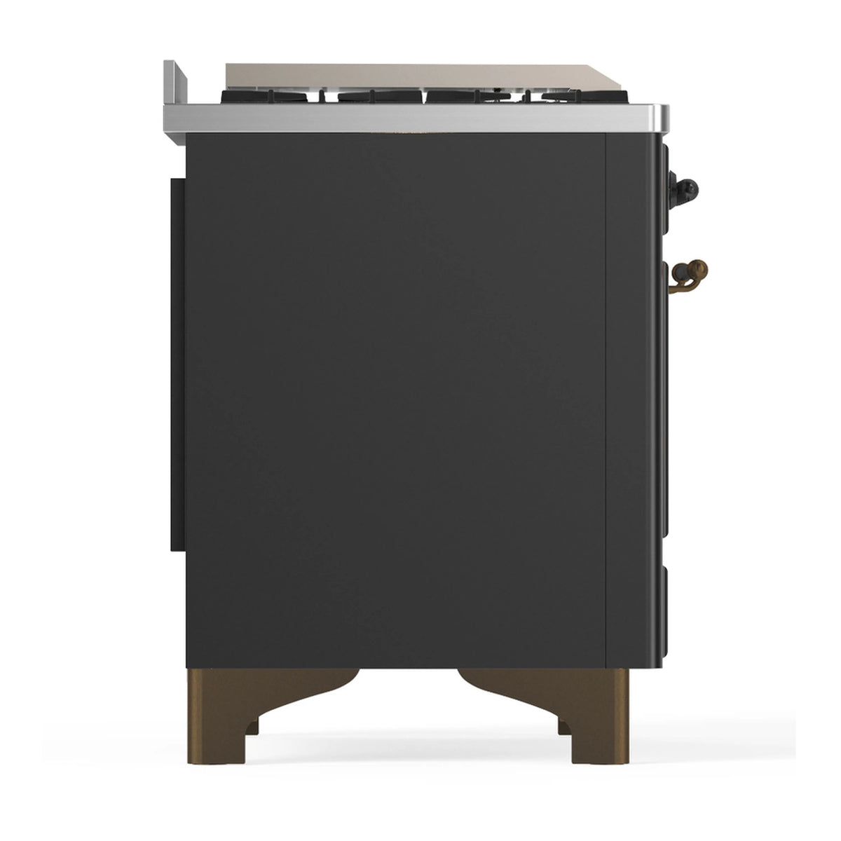 Graphite matte dual fuel range, side view with stainless backguard and control knobs.