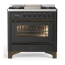 ILVE Majestic III 36-inch Dual Fuel Range with 5 Liquid Propane Burner, Griddle and Triple Glass Door Electric Oven in Graphite Matte with Burnished Trim (UM36FNR3MGBLP)