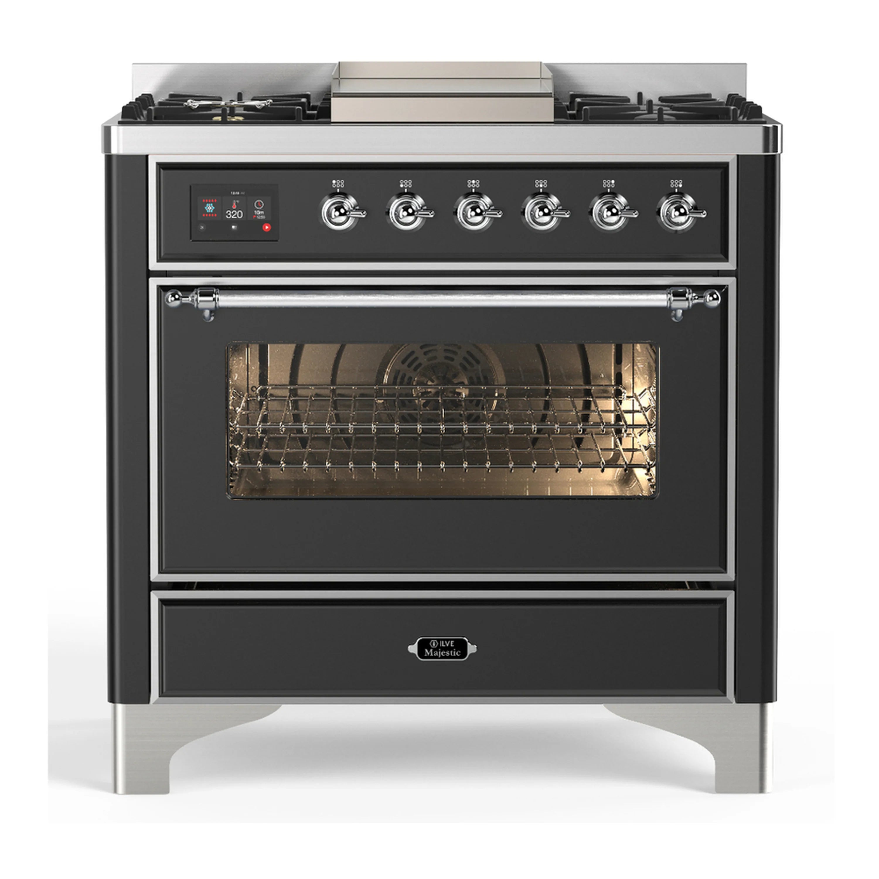 Graphite matte dual fuel range front view with control knobs and closed oven door