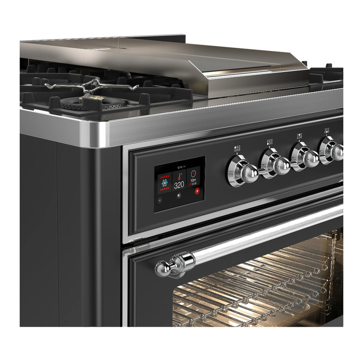 Graphite dual-fuel range front control panel with knobs and open oven