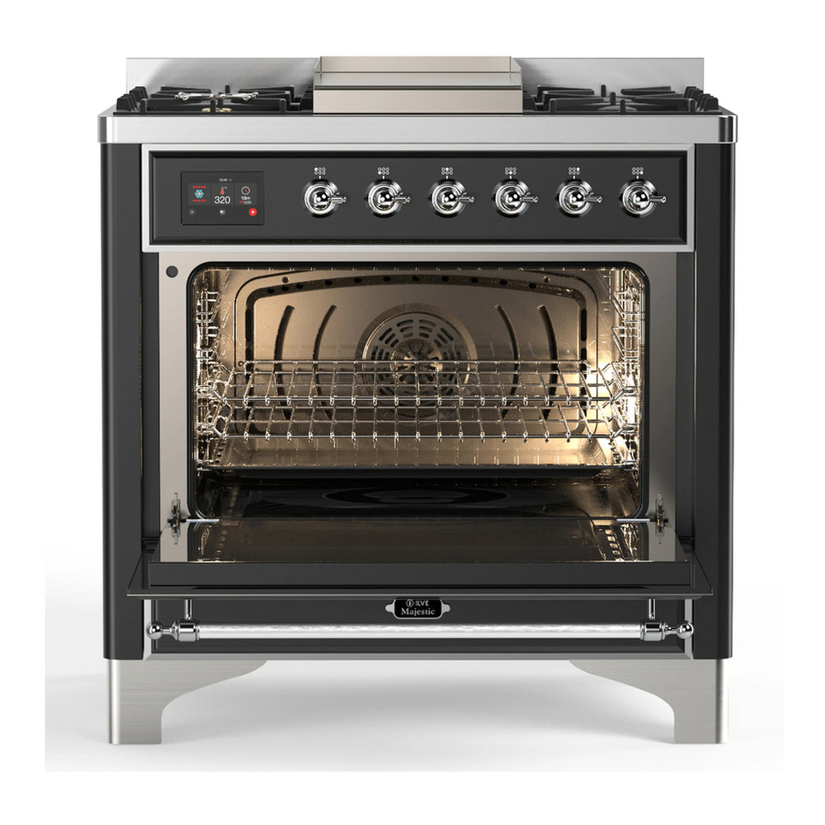 Graphite dual-fuel range oven door open with lit interior and wire racks