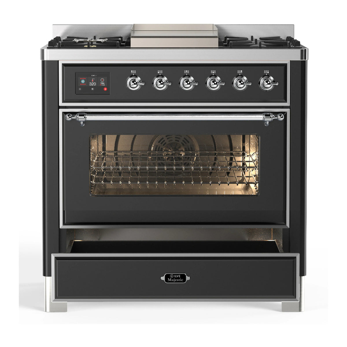 Graphite matte dual fuel range front view with control panel and closed electric oven door