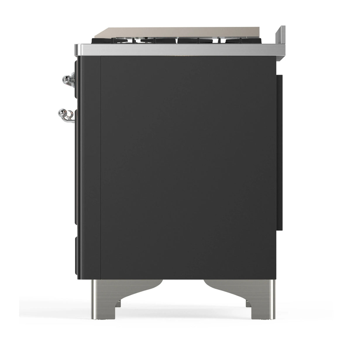 Graphite dual-fuel range cabinet with chrome trim, back panel view