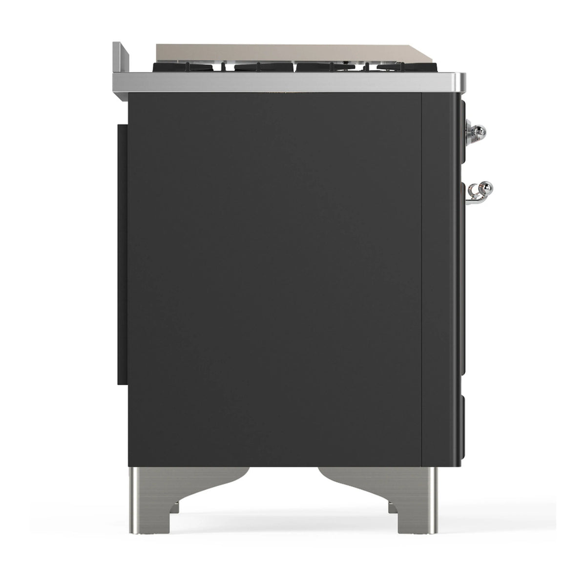 Graphite matte dual fuel range front side view with chrome trim and control knobs