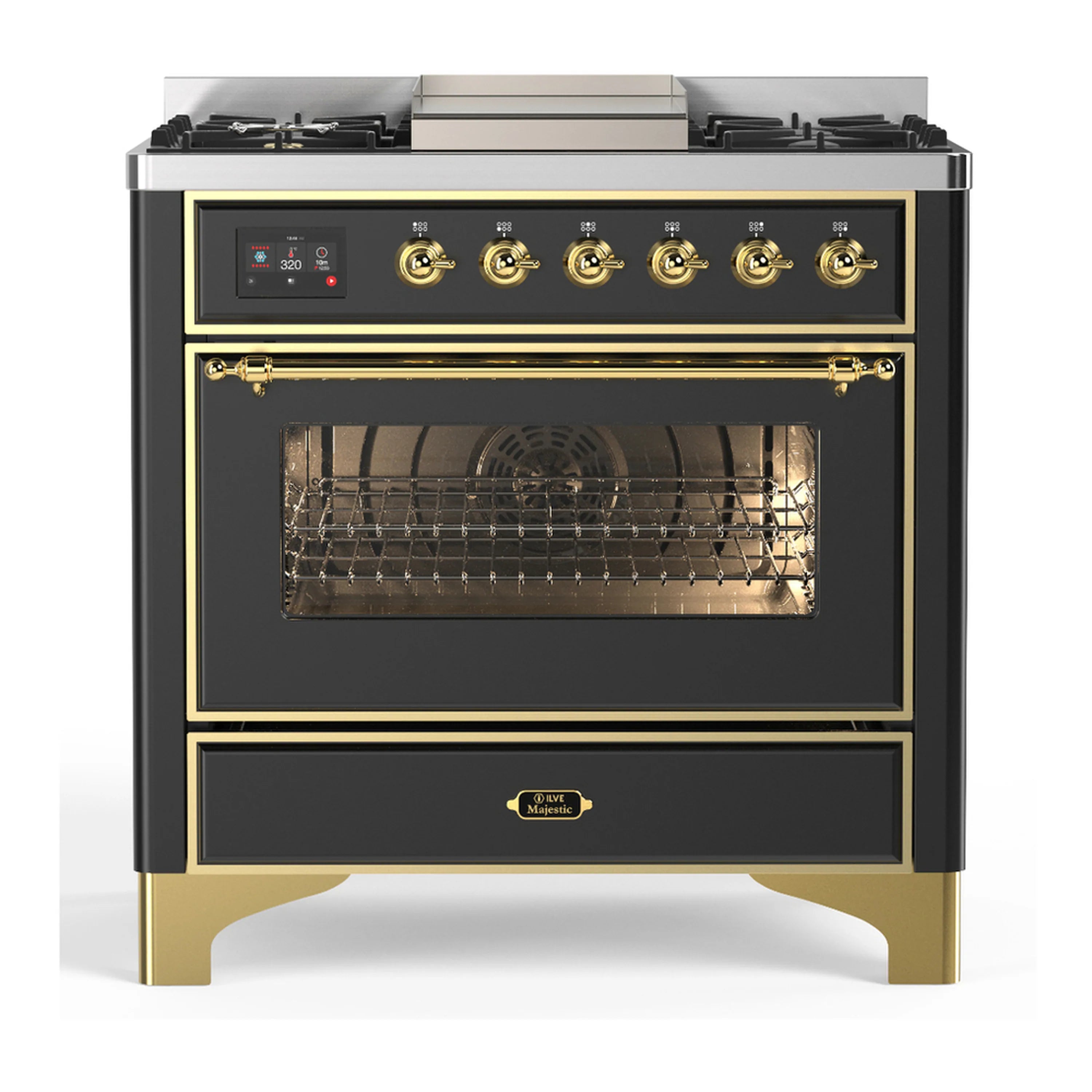 Dual fuel range with graphite matte finish, brass trim, and open oven showing racks.
