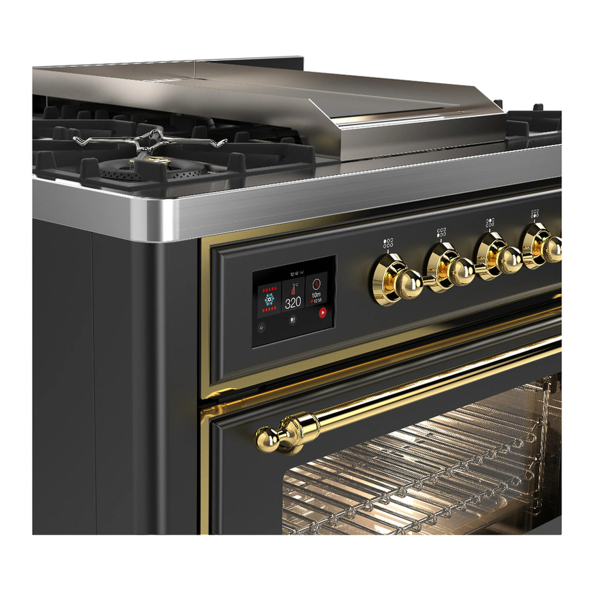 Dual fuel range control panel with brass knobs and oven door with brass-trim handle.