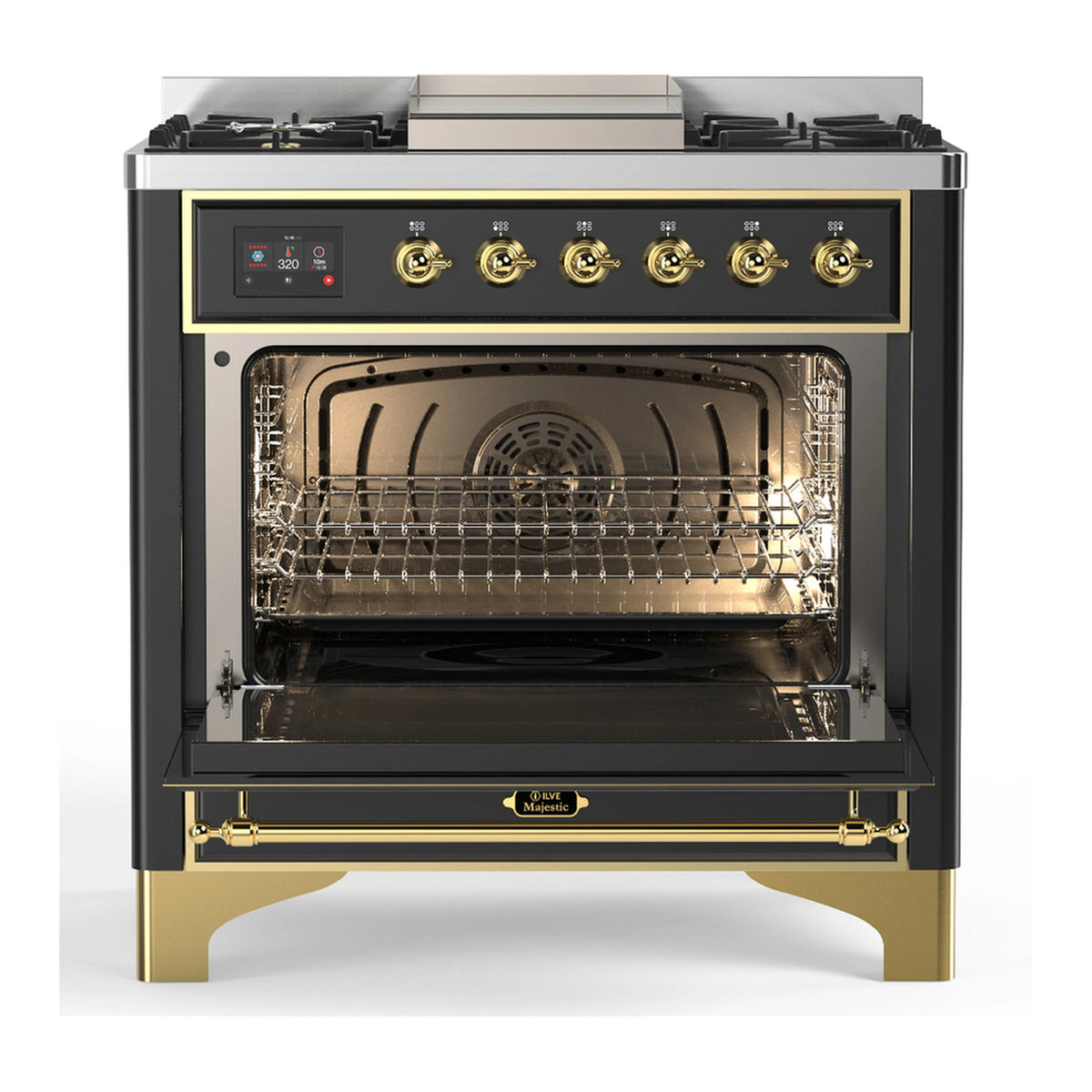 Dual fuel range with graphite matte finish, brass trim, and open triple-glass oven door.