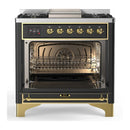 ILVE Majestic III 36-inch Dual Fuel Range with 6 Natural Gas Burner, Griddle and Triple Glass Door Electric Oven in Graphite Matte with Brass Trim (UM36FNR3MGG)