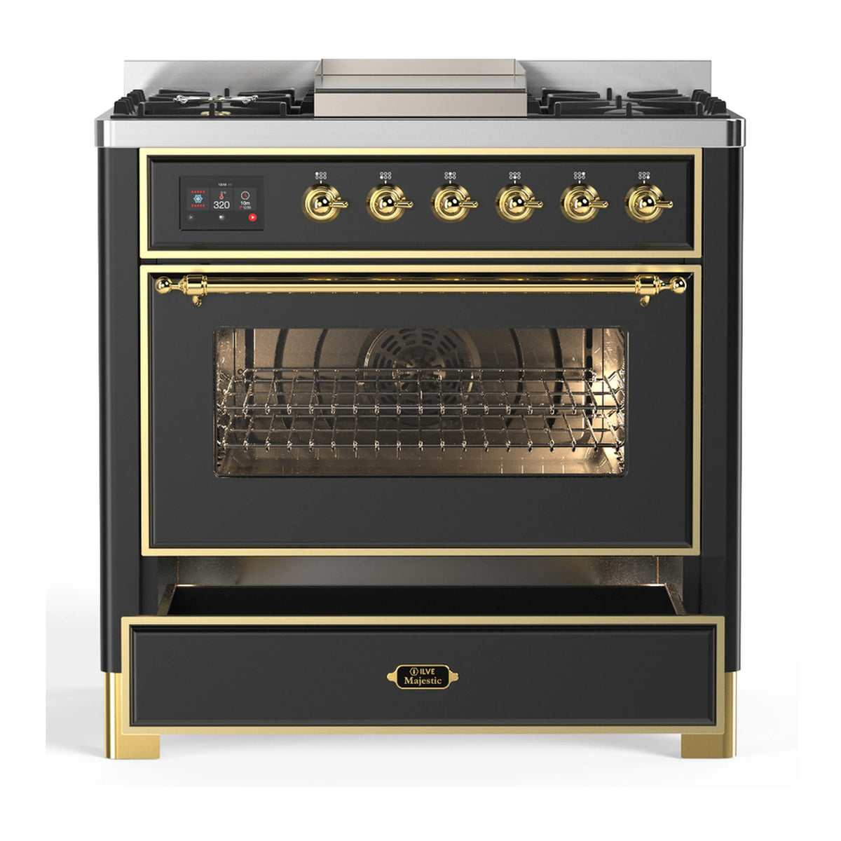 Dual fuel range with graphite matte finish and brass trim, oven door open for viewing interior.