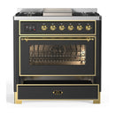 ILVE Majestic III 36-inch Dual Fuel Range with 6 Natural Gas Burner, Griddle and Triple Glass Door Electric Oven in Graphite Matte with Brass Trim (UM36FNR3MGG)