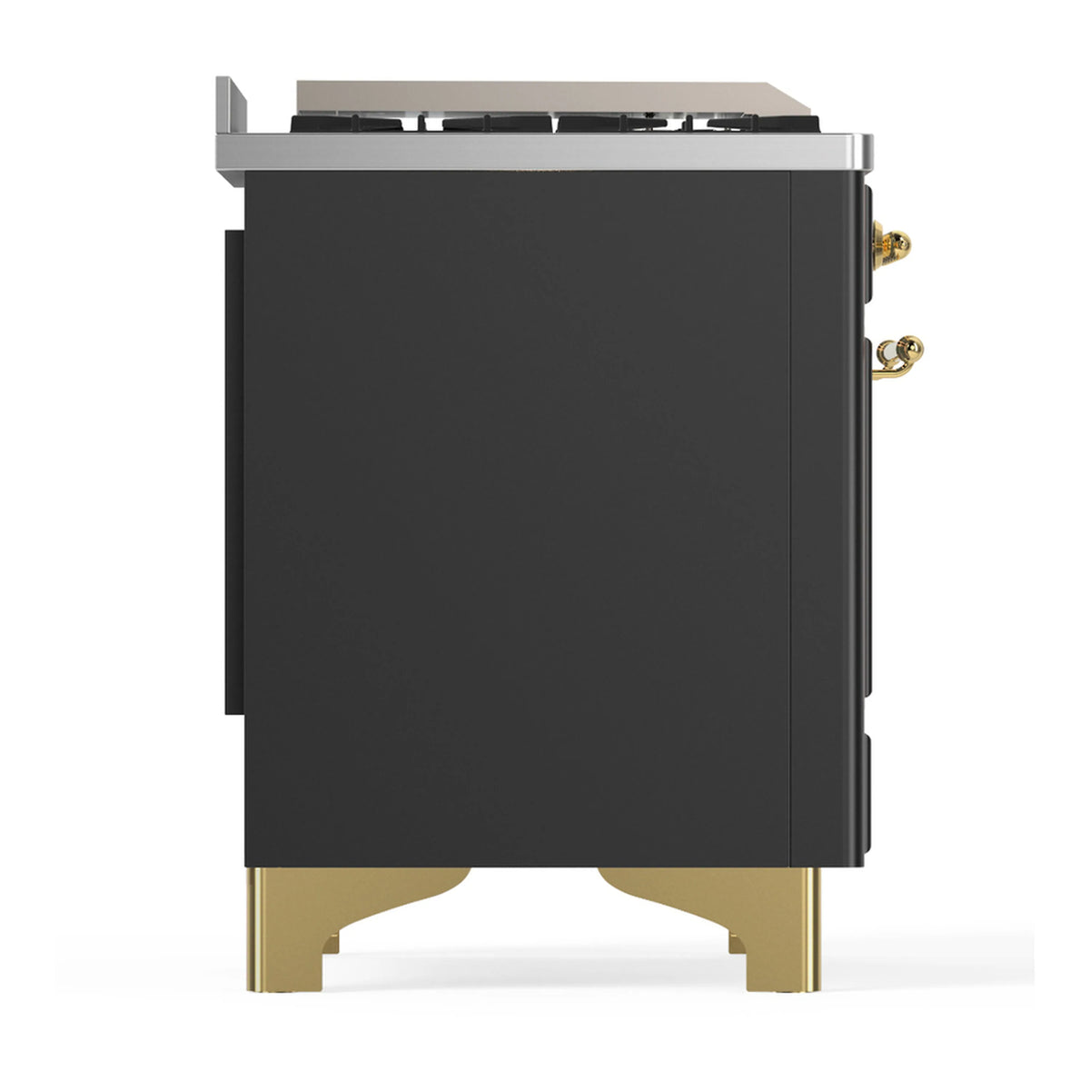 Graphite matte dual fuel range with brass base and side panel, rear edge visible.