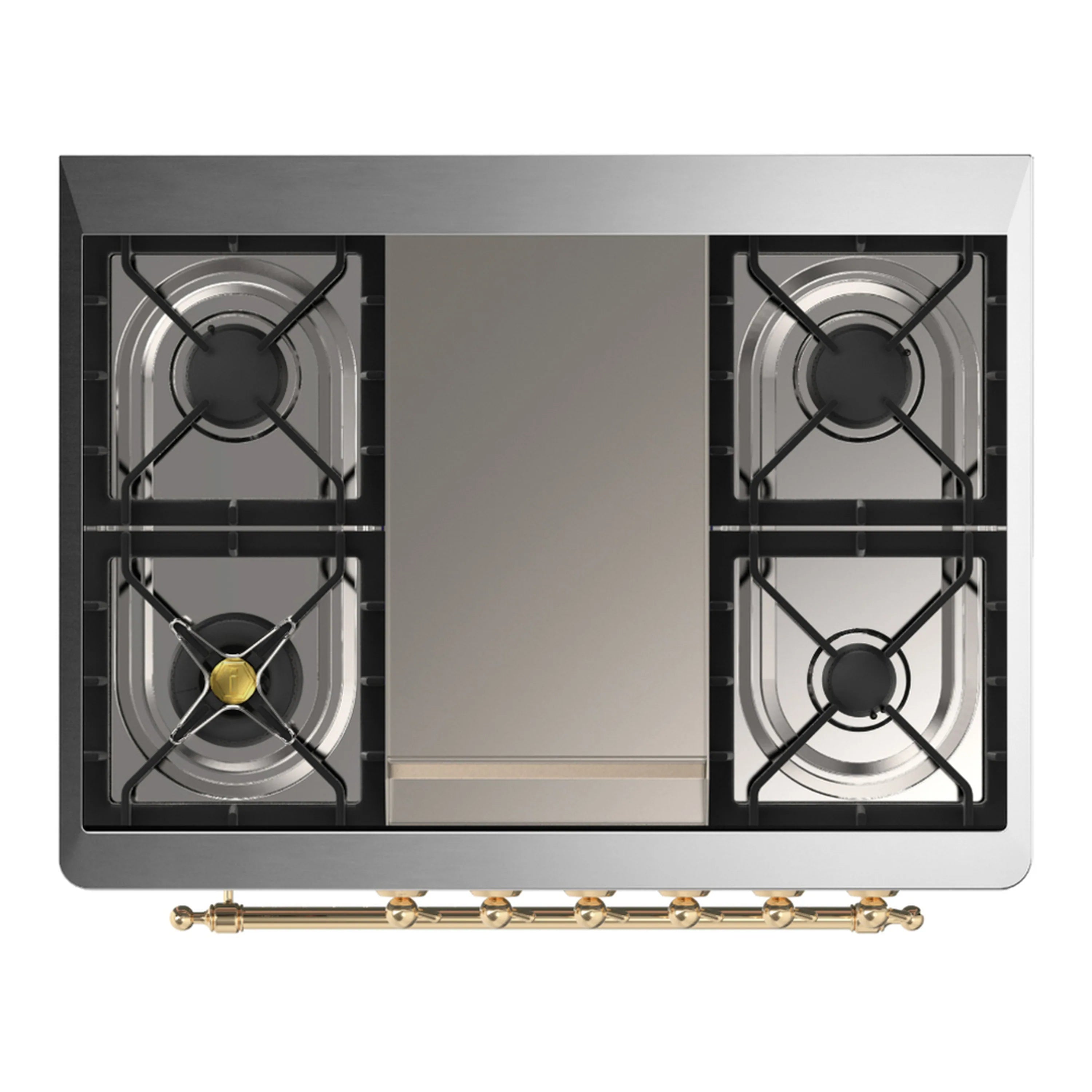 Dual fuel range cooktop with four black gas burner grates and brass-accent rail.