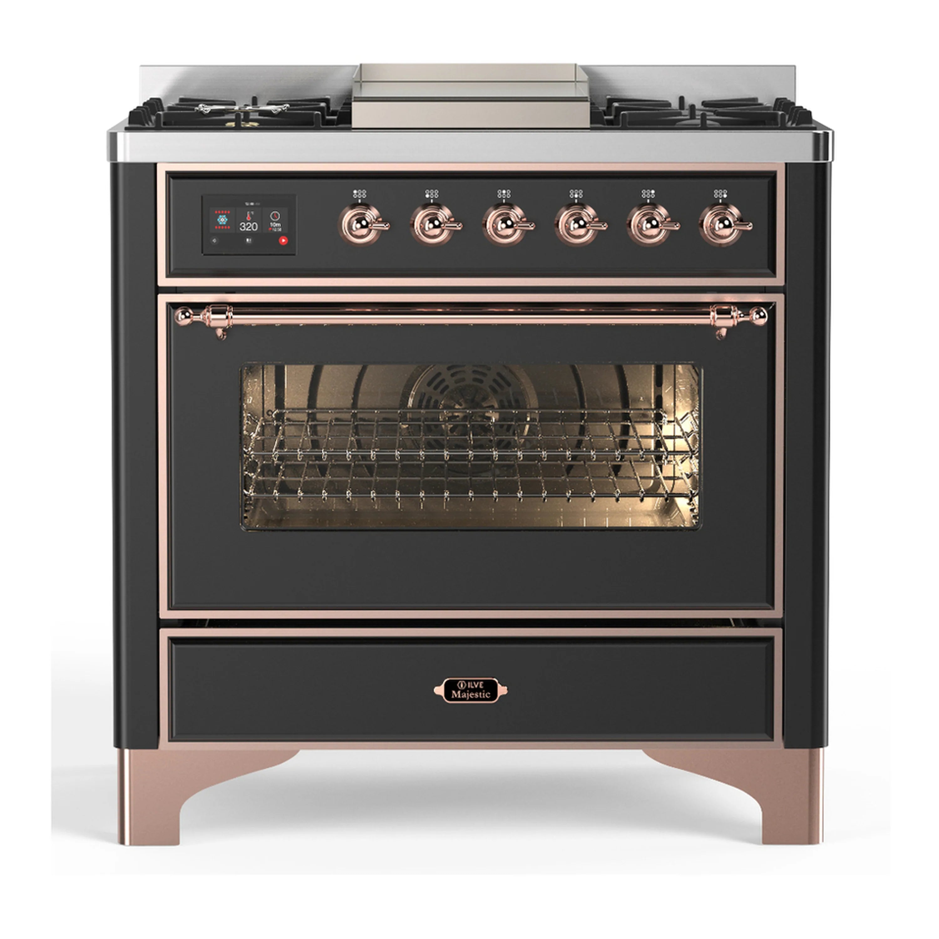 Graphite matte dual-fuel range with open burner controls and oven door in graphite
