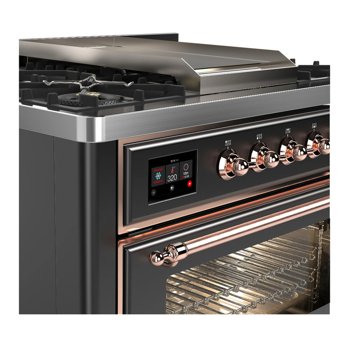 Dual fuel range control knobs and cooktop with open oven showing baking racks