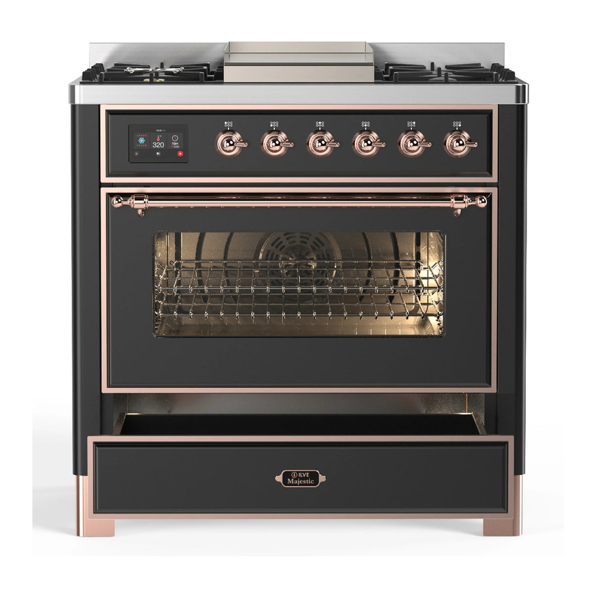 Graphite matte dual-fuel range with closed oven door, copper trim, and burner controls