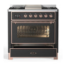 ILVE Majestic III 36-inch Dual Fuel Range with 5 Liquid Propane Burner, Griddle and Triple Glass Door Electric Oven in Graphite Matte with Copper Trim (UM36FNR3MGPLP)