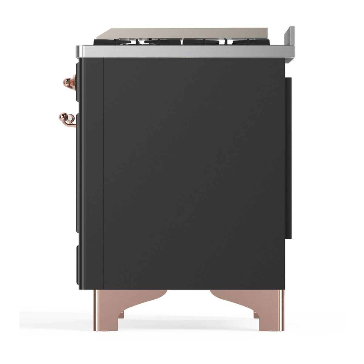 Graphite matte dual fuel range with copper-finish legs and corner trim