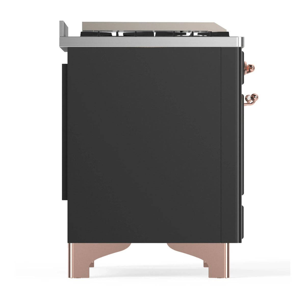Graphite matte dual-fuel range front view with copper-trim legs and side knobs