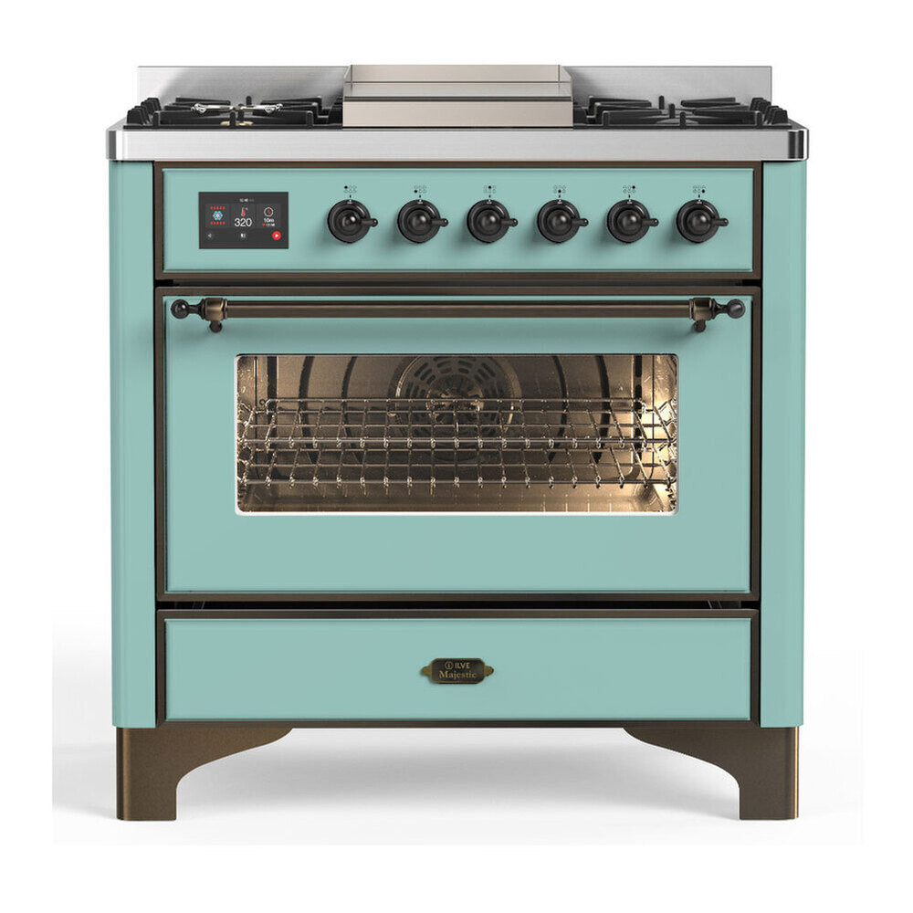 ILVE Majestic III 36-inch Dual Fuel Range with 5 Liquid Propane Burner, Griddle and Triple Glass Door Electric Oven in Mediterranean Mint with Burnished Trim (UM36FNR3MMBLP)