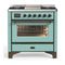 ILVE Majestic III 36-inch Dual Fuel Range with 6 Natural Gas Burner, Griddle and Triple Glass Door Electric Oven in Mediterranean Mint with Burnished Trim (UM36FNR3MMB)