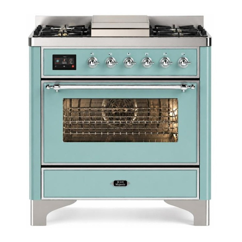 ILVE Majestic III 36-inch Dual Fuel Range with 5 Liquid Propane Burner, Griddle and Triple Glass Door Electric Oven in Mediterranean Mint with Chrome Trim (UM36FNR3MMCLP)