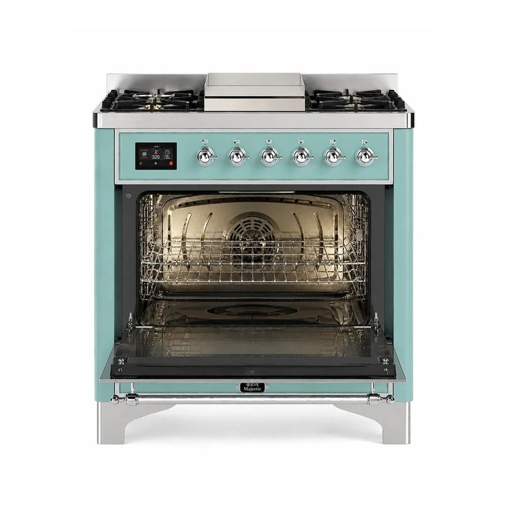 Dual fuel range with open oven showing stainless interior and wire rack