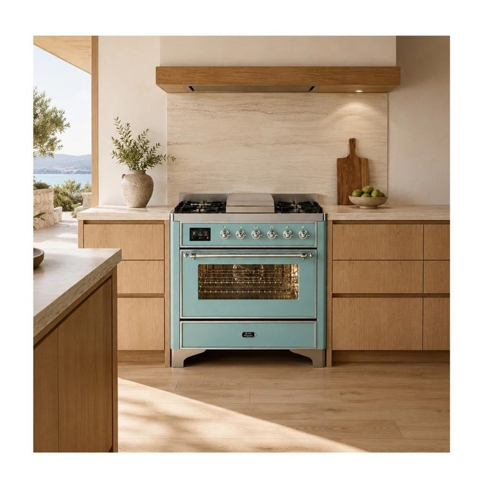 Mediterranean mint dual fuel range standing in kitchen with oven window and knobs