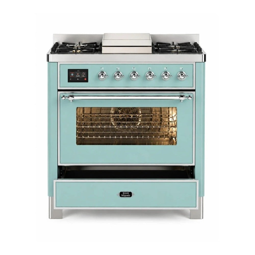 Front view dual fuel range with open oven, control knobs, and lower storage drawer