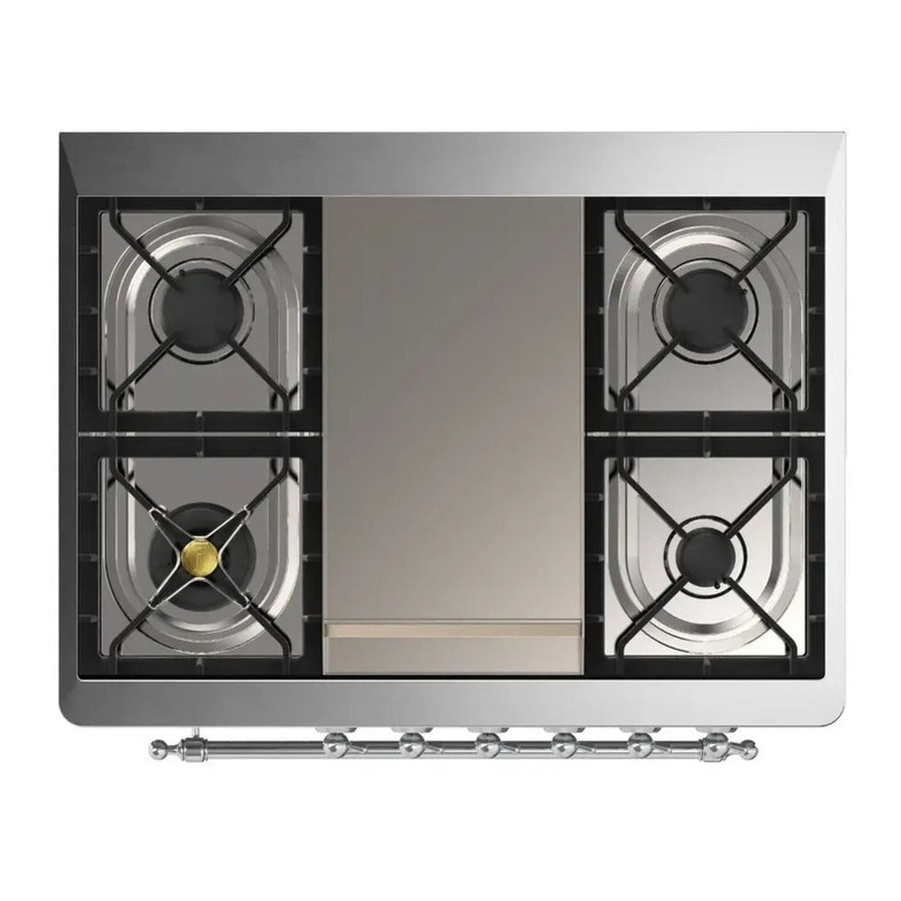 Built-in cooktop with four burners and griddle surface between grate sections