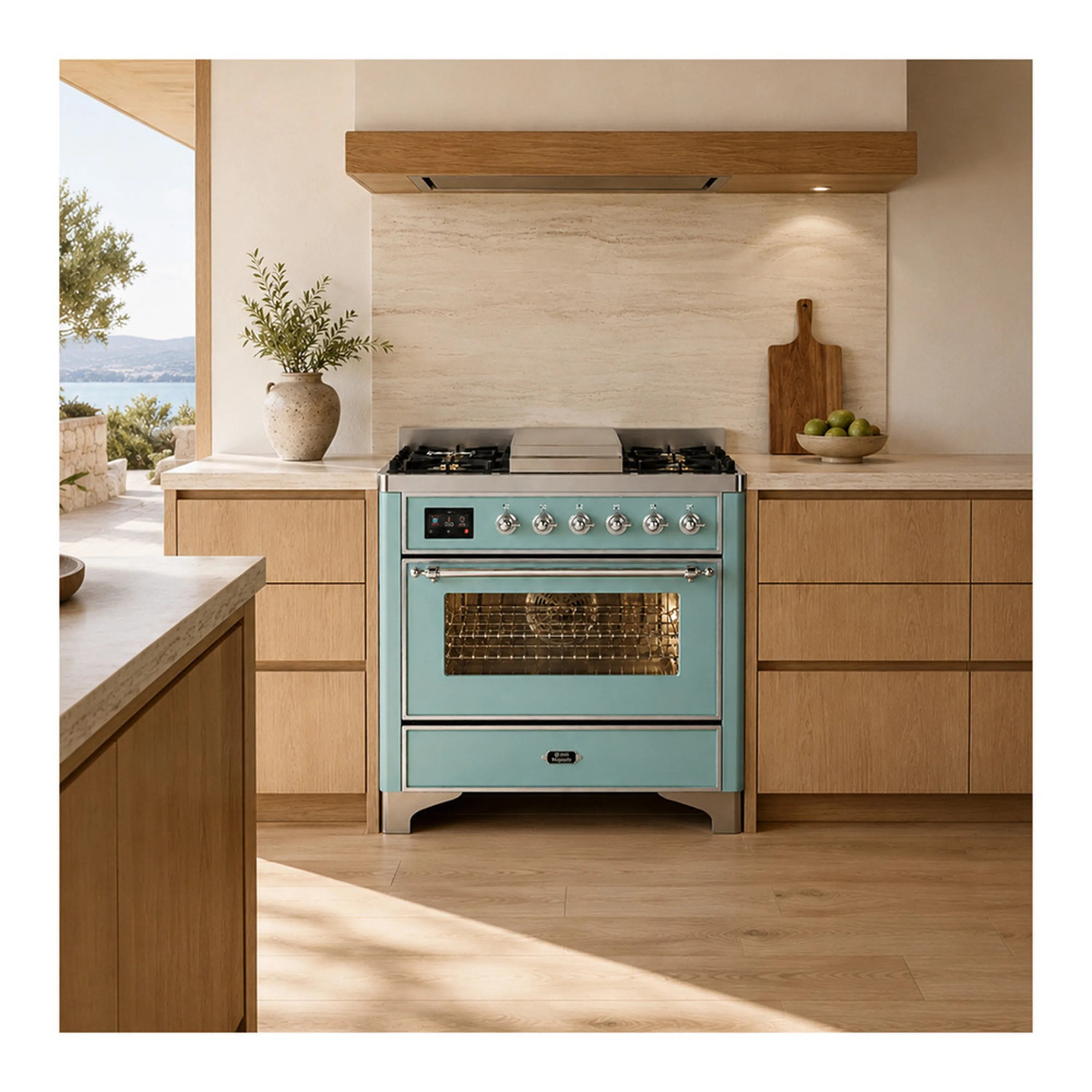 Mint freestanding dual fuel range with glass oven window and chrome control knobs